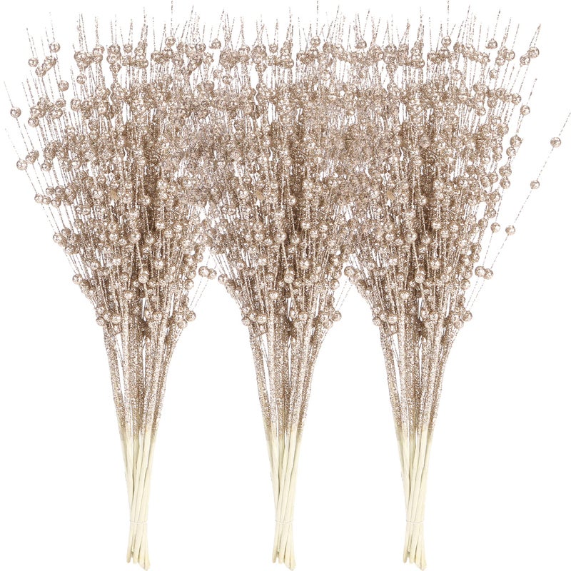 Sea Team 24-Pack Artificial Glitter Berry Stem Ornaments, Decorative Bead Sticks, Glittery Twigs, Picks, Branches for Christmas Tree, Small Vase, Holiday, Wedding, Party (17 Inches, Champagne) - Image 1